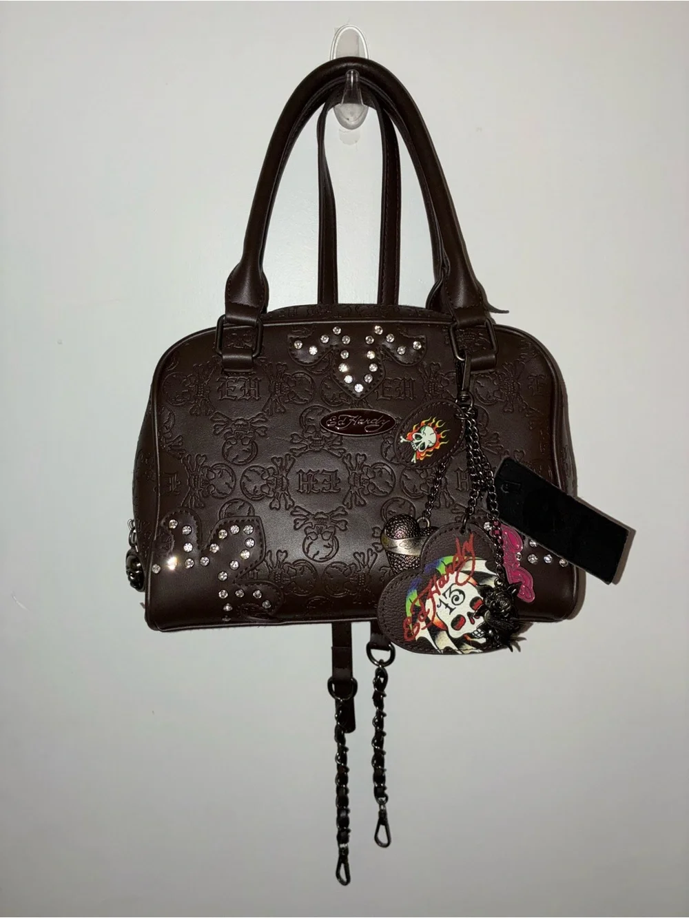 Studded Embossed Brown Women’s Satchel + keychain with pink detail
